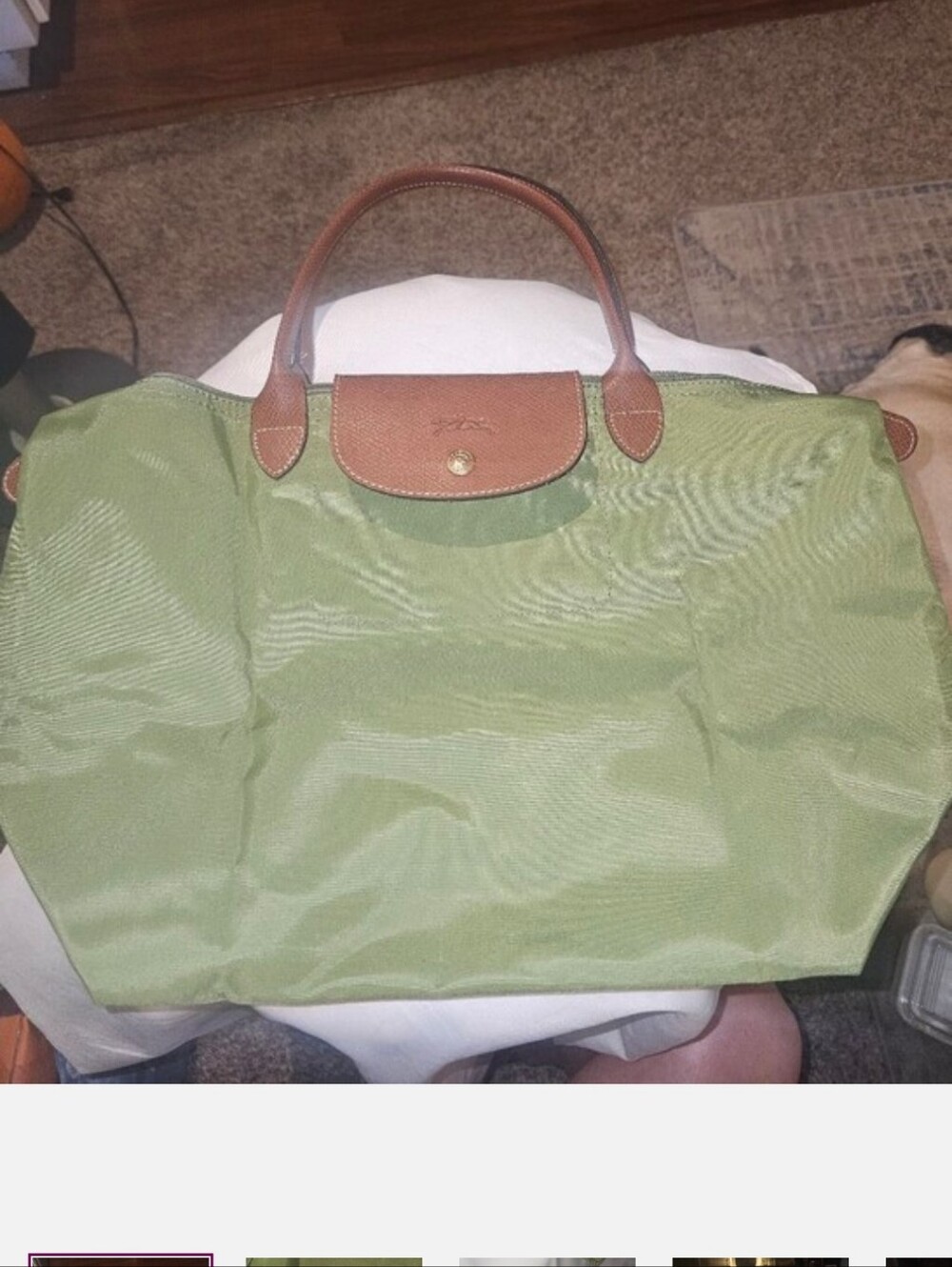 Longchamp Medium Olive Green Nylon Tote with Brown Trim